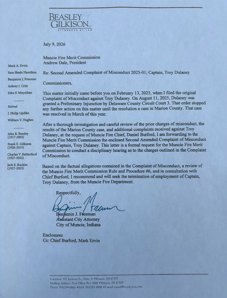 BobSegallWTHR's tweet photo. Muncie city attorneys delivered this letter to the Muncie Fire Merit Commission last night, seeking a disciplinary hearing for a firefighter the city wants to fire after years of controversy and alleged misconduct. #wthr https://t.co/kYXltep2DT https://t.co/LVNHGt3m9F