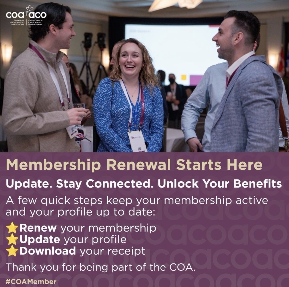 CdnOrthoAssoc's tweet photo. Take a moment to verify that your membership is up to date and your information is current.
-Renew your membership
-Update your profile and contact information
-Download your receipt for your records
-Maintain your member benefits and remain in good standing

Keeping your membership active ensures uninterrupted access to the benefits, resources, and opportunities available.

Renew today!