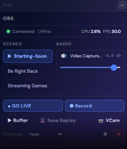 maxxdashapp's tweet photo. OBS Controls
Switch scenes, mute mic, and manage your stream instantly. Go live, pause and stop streams. Change audio levels, record, save replays and more. Get our entire suite of widgets and in-game overlays with the always free MaxxDash app https://t.co/jIVAiIbm0J #leageoflegends #twitch #twitchtv #tft #roblox #cs2 #pcgaming #overwatch #marvelrivals