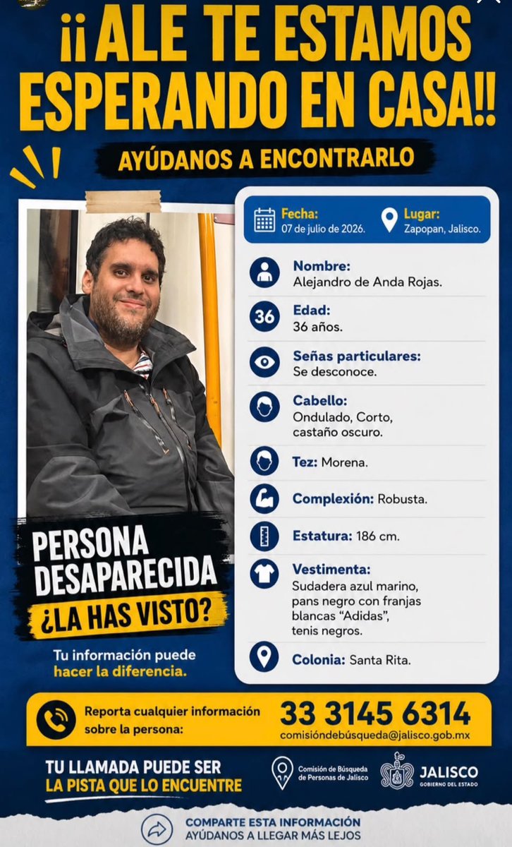 zona3noticias's tweet photo. 🚨 #ServicioSocial | Ayúdanos a localizar a Alejandro de Anda Rojas 🙏
Tu apoyo puede hacer la diferencia. Si cuentas con información que ayude a localizar a Alejandro de Anda Rojas, comunícate de inmediato con las autoridades o al número de contacto de su ficha de búsqueda. 📞 https://t.co/Lp7F9aVvRN