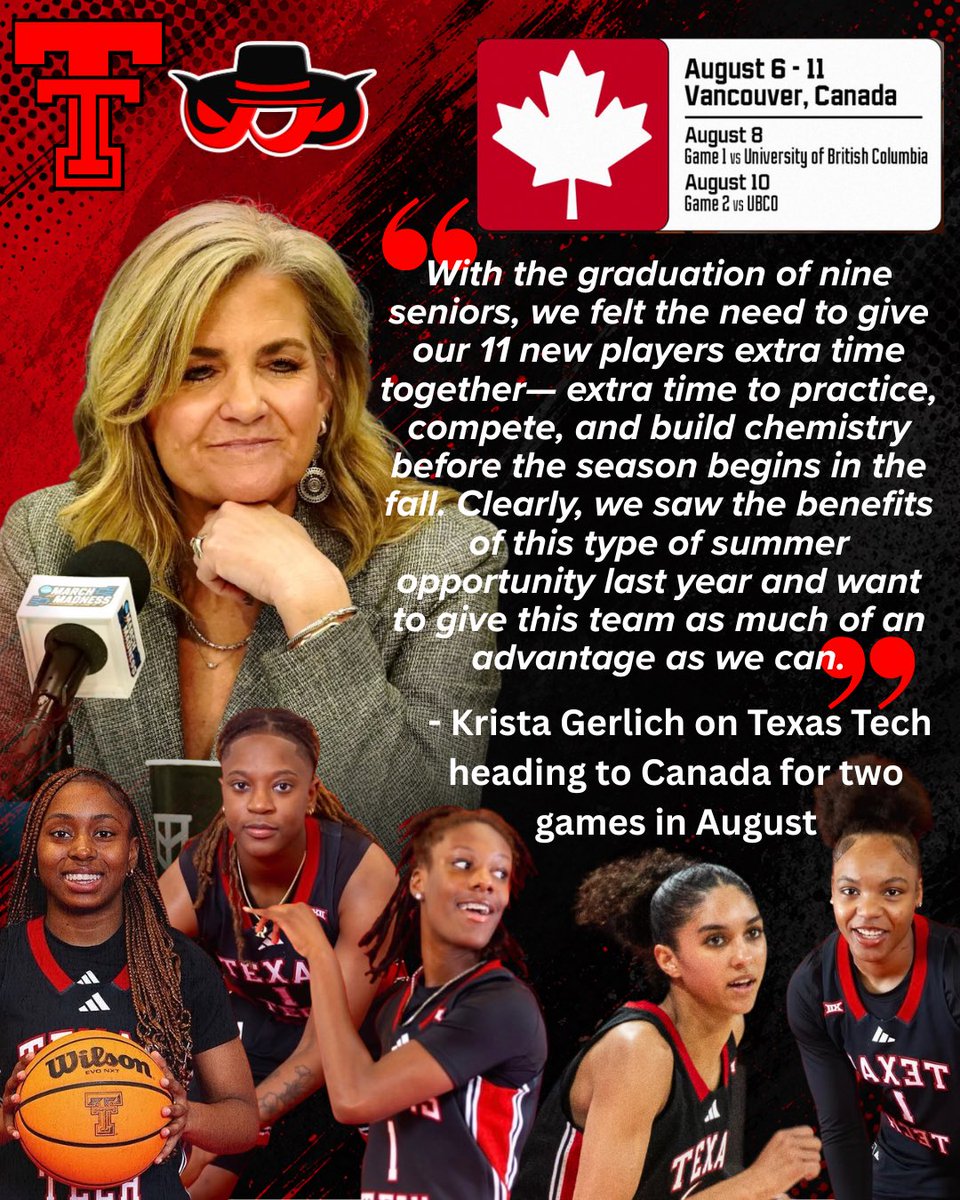 SeeingScarlet_'s tweet photo. Basketball in August eh? We love it. ✈️🇨🇦

After the success of last summer’s World University Games trip to Germany, Texas Tech is heading to Canada for two games in August. Giving them a chance to gain chemistry and giving fans an early look at this new look squad. https://t.co/oJjJY22V9C