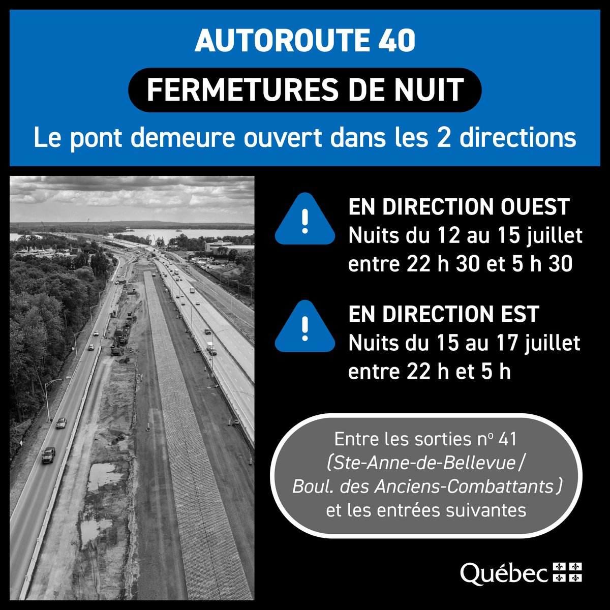 Projets_PIAT's tweet photo. FERMETURES DE L’A-40, À SENNEVILLE – DU 12 AU 17 JUILLET
L’A- 40 sera fermée une direction à la fois durant les nuits du 12 au 17 juillet. Le pont sera ouvert.
Direction ouest
🕘12 au 15 juillet au matin, de 22h30 à 5h30
Direction est
🕘15 au 17 juillet au matin, de 22 h à 5 h https://t.co/RnUHAwu8lj