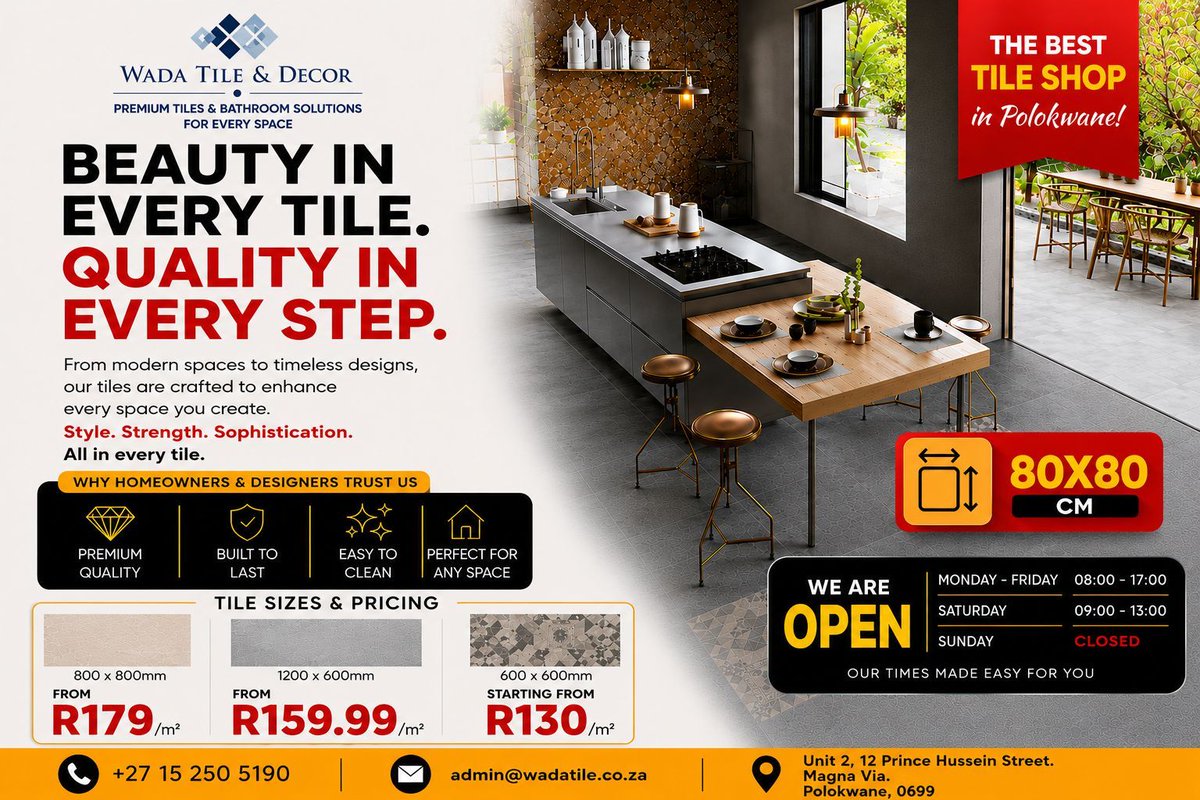 wadatiledecor's tweet photo. Beauty in Every Tile. Quality in Every Step. ✨🏡

Transform your home with premium tiles from WADA Tile &amp; Decor. Whether you're renovating your kitchen, upgrading your bathroom, or designing a commercial space, our high-quality tiles deliver the perfect combination.#Polokwane https://t.co/AsGiY2L23B