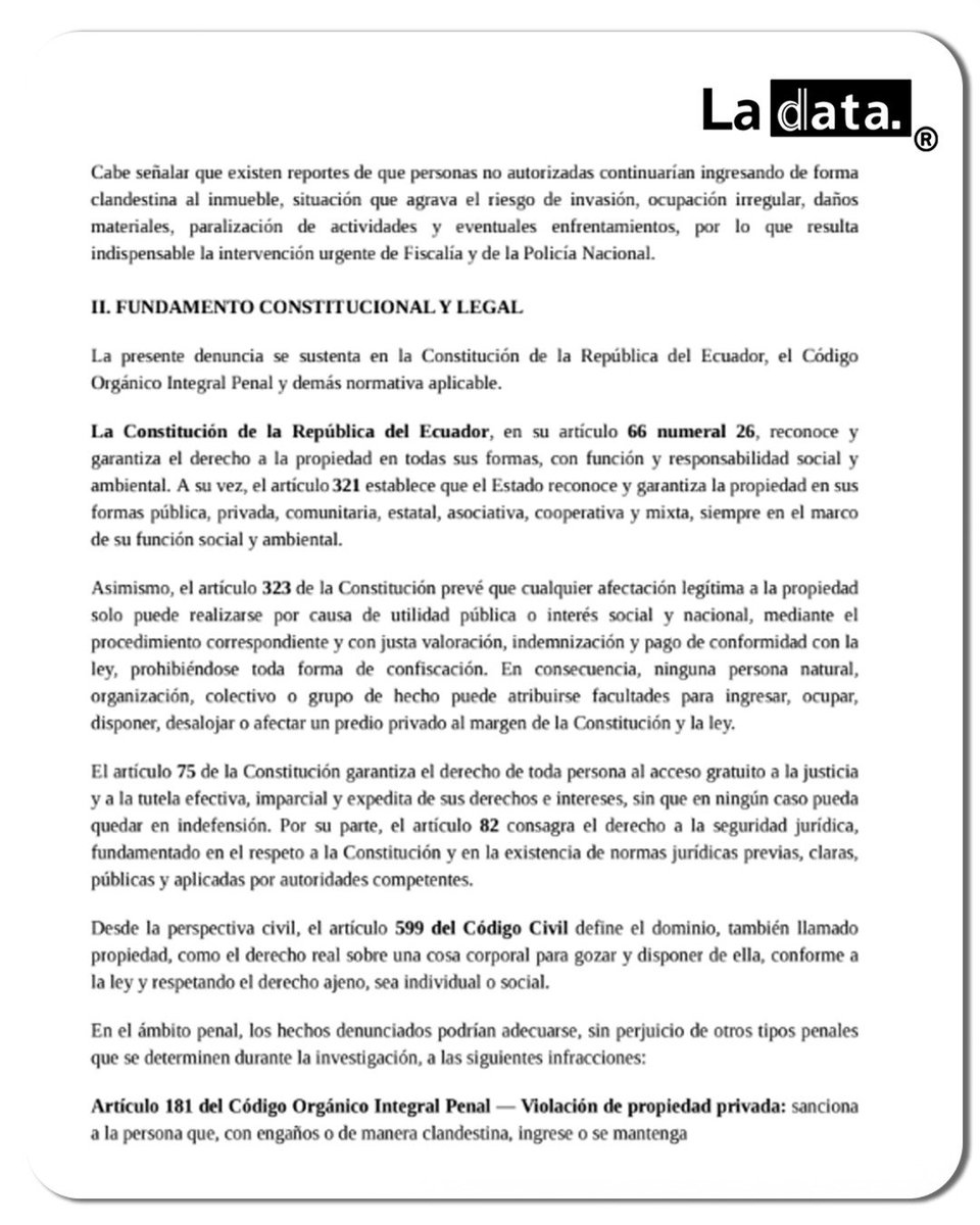 ladataec's tweet photo. #Tendencia ​¿Reunión clandestina en Napo? Denuncian a Leonidas Iza y otros dirigentes por incursión y am3nazas en propiedad privada

La empresa Terraturismo S.A. presentó una denuncia penal ante la Fiscalía por el ingreso arbitrario y clandestino de un grupo de personas, encabezado por Segundo Leonidas Iza Salazar, Marlon Richard Vargas Santi, Bolívar Chimbo y Kambak Wayra Alvarado Andy, a su propiedad denominada Hacienda ILA en Napo el pasado 8 de julio. 

La compañía acusa a los implicados de vulnerar su derecho a la propiedad privada sobre un predio de 627 hectáreas y de proferir amen4zas e intimidaciones contra el personal presente, advirtiendo sobre un supuesto desalojo, por lo que ha solicitado la intervención urgente de las autoridades para garantizar la seguridad en el lugar.

@ladataec 👈

#ladata #TendenciaPolítica #LeonidasIza #MarlonVargas