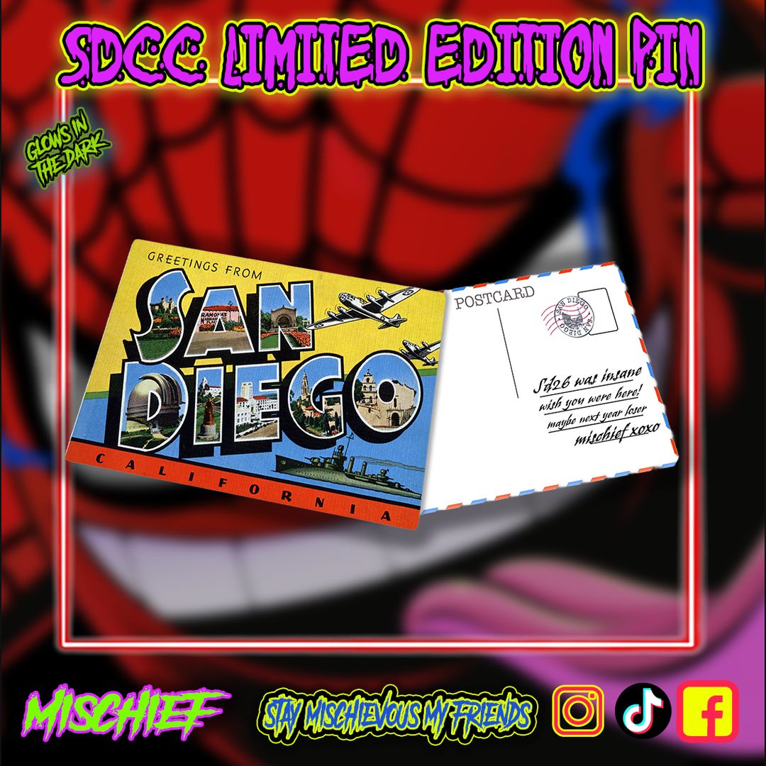 ConLootApp's tweet photo. Glow-in-the-Dark San Diego Postcard Pin at Mischief (Booth 521, SDCC exclusive, $20). Easy booth stop between the main aisles. Tracked on @ConLootApp #SDCC2026 #Mischief https://t.co/LnJifzfZhx