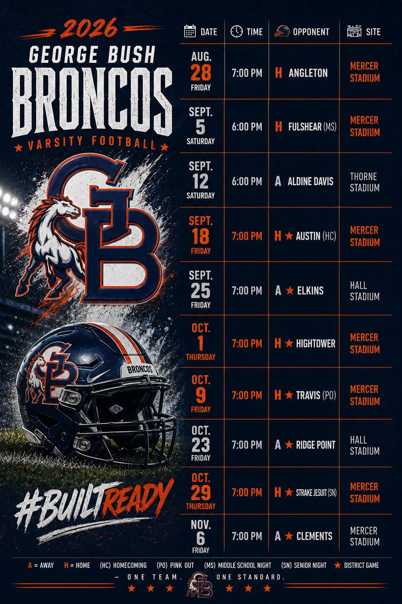 BUSHHS_FOOTBALL's tweet photo. 🏈 Bronco Nation, are you ready for some football? The wait is over! The Richmond George Bush Broncos 2026–2027 Football Schedule is here. Get ready to cheer on the Broncos all season long. Let's pack the stands and make this season one to remember! 💙🧡 #BroncoNation https://t.co/OmVwW4rKLt