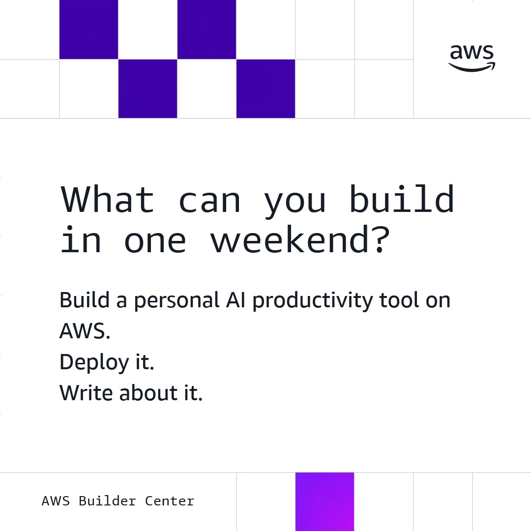 awsdevelopers's tweet photo. What would you build in a weekend with $200 in AWS credits?

July Weekend Challenge on Builder Center: build a personal AI productivity tool, deploy it, write about how you did it. First 50 qualifying submissions earn a jacket.

Starts July 10 → https://t.co/0NQT4EYQA3 https://t.co/oQ0L1djWF6