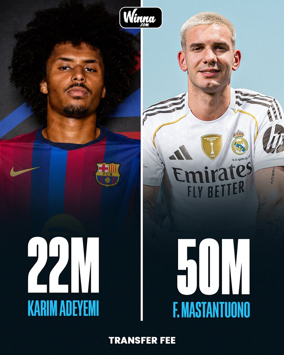 WinnaFC's tweet photo. 🚨| BREAKING: Compared to Madrid's €66M for Mastantuono, Adeyemi at €22M is the deal of the century.😳 https://t.co/qHXdzRF7yq