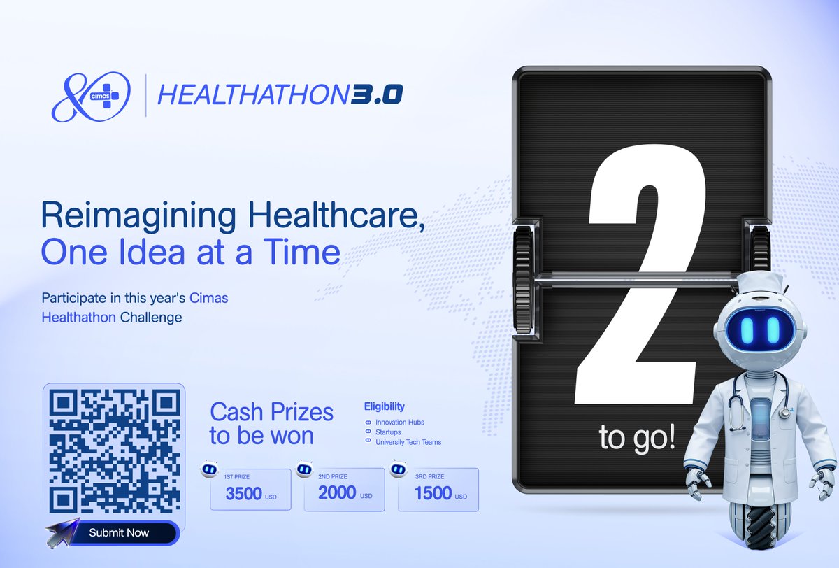CimasHealth's tweet photo. 2 DAYS LEFT! 

 Join Cimas Healthathon 3.0. Turn your vision into better health. Startups, innovation hubs, and tech teams: transform healthcare and win cash prizes. 

 Deadline: 12 July 2026 Apply now: https://t.co/koYmCl8RtC 

#CimasHealthathon #Healthathon3 #HealthTech https://t.co/OwchchBMk2