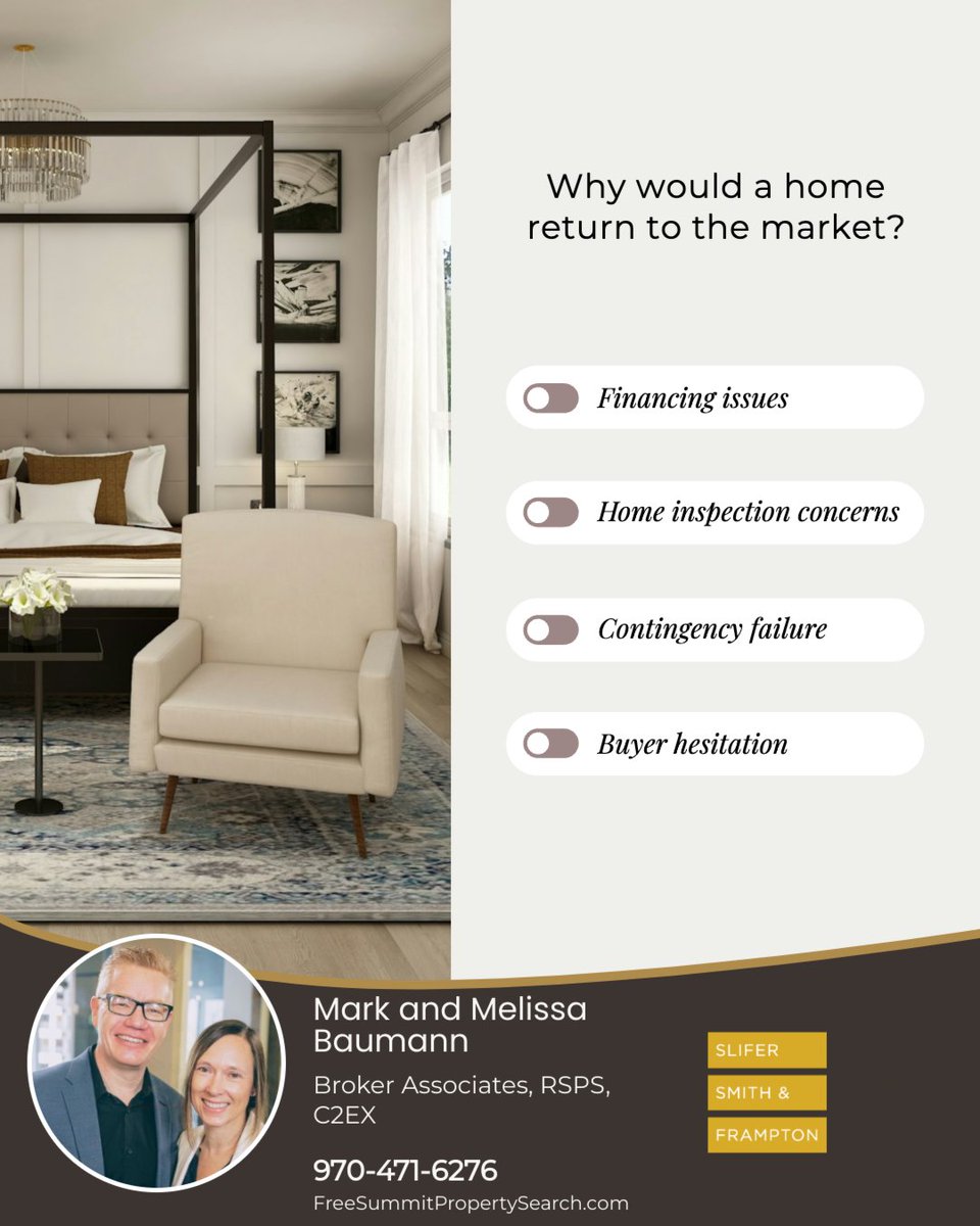 lissaskier77's tweet photo. Wondering why a home might return to the market? Here are common reasons:

- Financing Issues
- Home Inspection Concerns
- Contingency Failure
- Buyer Hesitation

Stay informed about these factors to navigate the real estate process effectively!

#summitcountyrealestate https://t.co/ti4Sx8uMNp