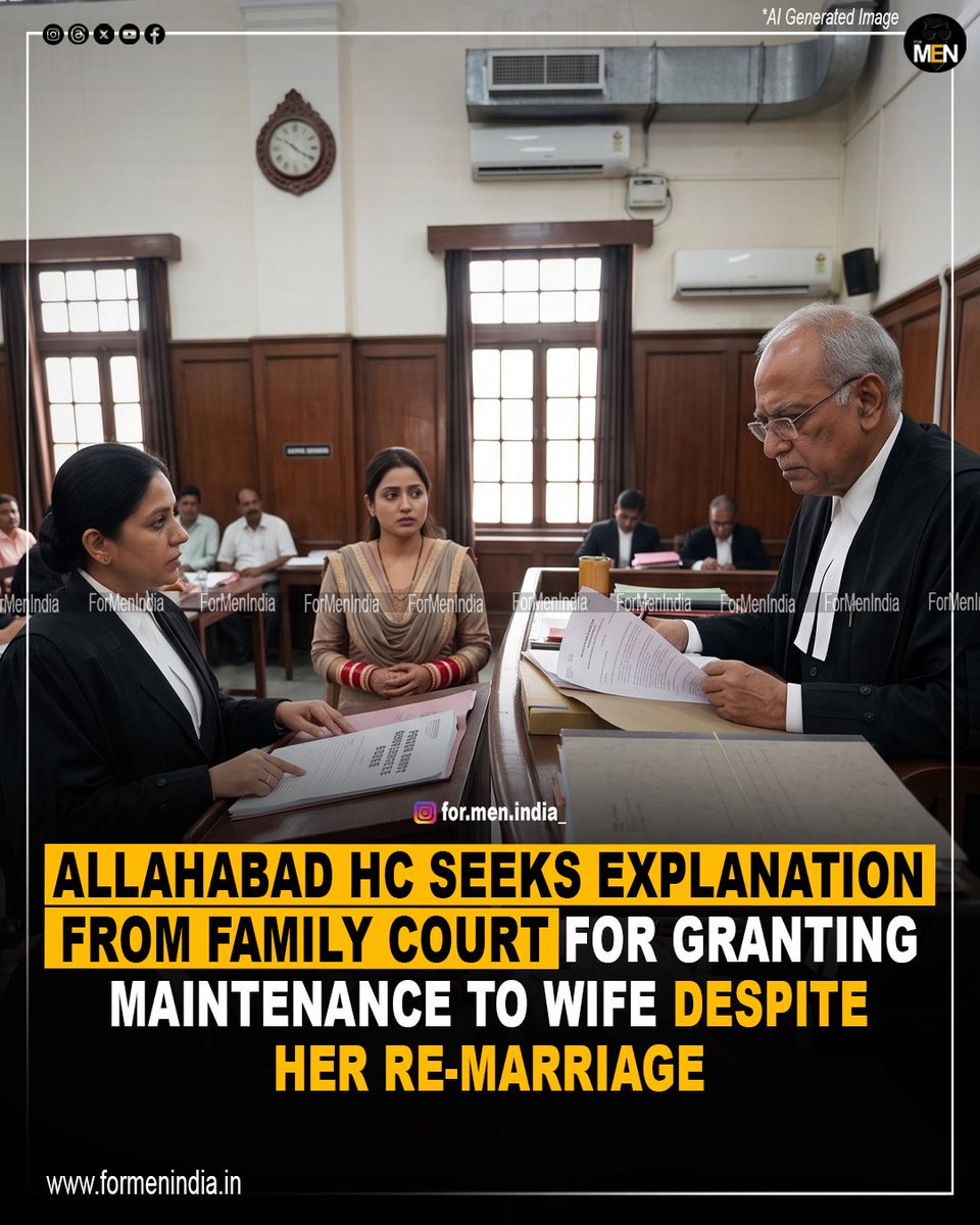ForMenIndia_'s tweet photo. The Allahabad High Court (Justice Praveen Kumar Giri) directed the Jhansi Family Court to explain why it ordered a man to pay ₹10,000 monthly maintenance to his ex-wife, despite her officially disclosed remarriage. 

The husband continues to pay ₹5,000 monthly for their minor son, which he does not contest.

Justice Praveen Kumar Giri was hearing a revision petition filed by the man challenging the order of the family court, directing him to pay Rs 10,000 per month as maintenance to his former wife.

In its order dated July 7, the high court issued notice to the wife and fixed July 21 as the next date of hearing. 

The court also directed additional principal judge Harish Chandra to explain why he passed the maintenance order despite the wife’s second marriage having been disclosed in her objection dated Oct 30, 2025.

“The woman’s second marriage was disclosed by her in an affidavit. However, despite such disclosure, the family court directed the man to pay Rs 10,000 per month to the wife and Rs 5,000 per month to their son. Under the law, a wife is not entitled to maintenance after remarriage,” the husband’s counsel submitted.

WHAT DO YOU HAVE TO SAY ABOUT THIS? COMMENT YOUR OPINIONS 

#formenidia