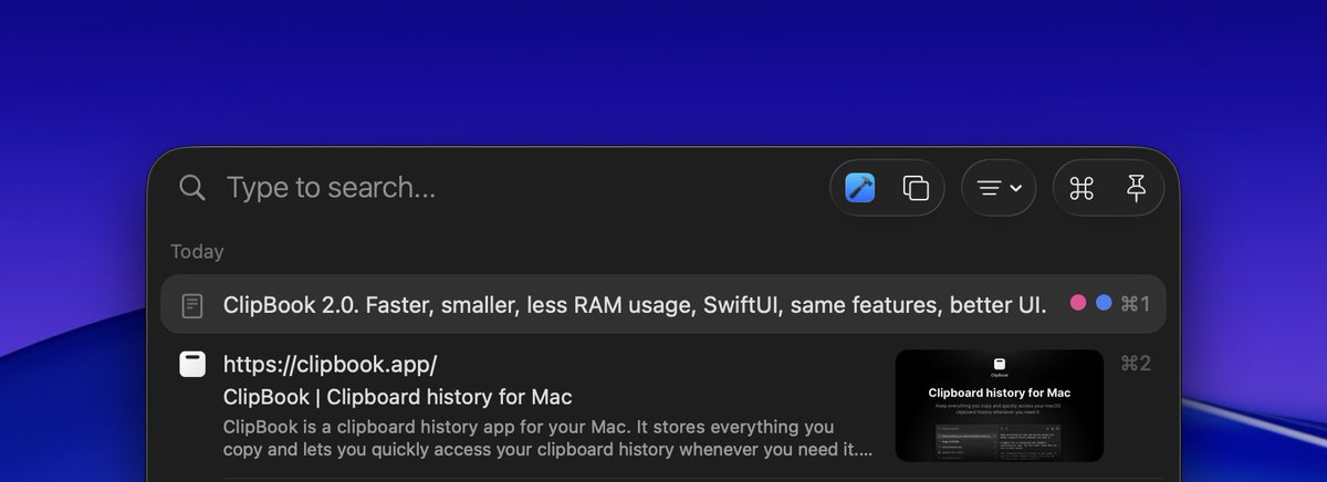 clipbook_app's tweet photo. 🚀 ClipBook 2.0 is coming soon... 🥳
Faster, smaller, less RAM usage, SwiftUI, native, same features, better UI/UX. https://t.co/K60UuXuvfj