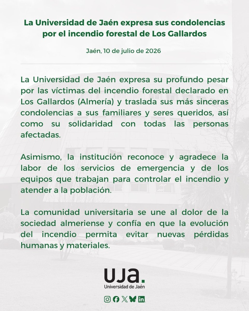 ujaen's tweet photo. La Universidad de Jaén expresa su profundo pesar por las víctimas del incendio forestal declarado en Los Gallardos (Almería) y traslada sus más sinceras condolencias a sus familiares y seres queridos, así como su solidaridad con todas las personas afectadas. https://t.co/Ga2elx7u7Q