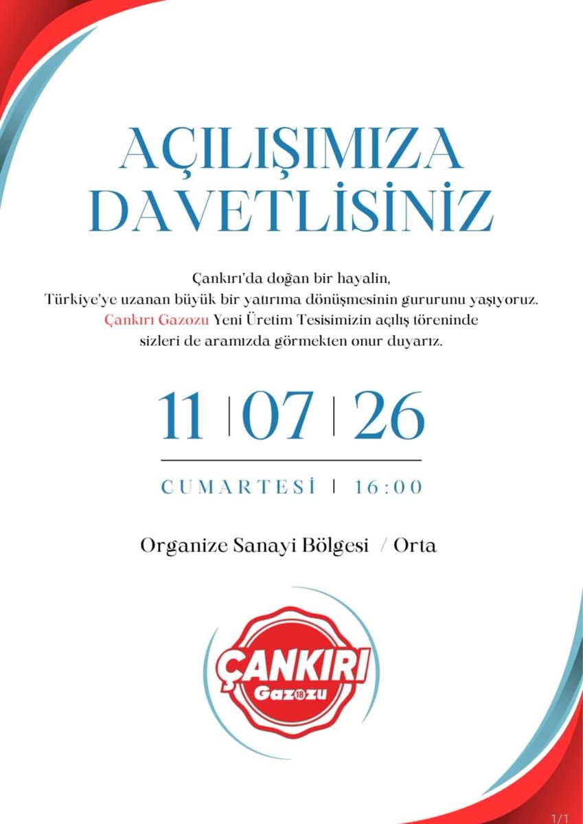 KaptMustafaCan's tweet photo. Türk’ün has gazozu Çankırı Gazozu, yüce Türk milletiyle buluşuyor.

Memleketim Çankırı’da kurduğumuz üretim tesisiyle, Türk’ün öz sermayesiyle, Türk’ün eliyle ürettiğimiz Çankırı Gazozu, bundan sonra raflarımızda olacak.

11 Temmuz, saat: 16.00��daki açılışımıza davetlisiniz! https://t.co/h5lpjPyfHc