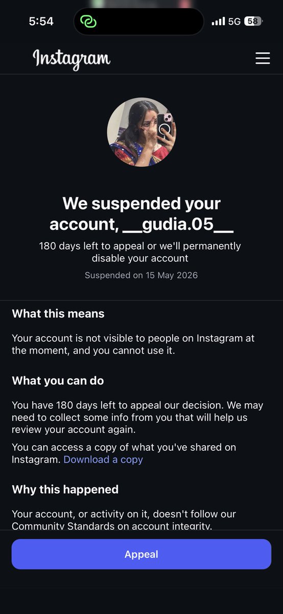Gudiavlog's tweet photo. @InstagramComms @Meta Please help. Creator account @__gudia.05__ with 42,000 followers disabled on 15 May 2026. Appeal submitted same day. 56 DAYS NO RESPONSE. App still says "under review". This is my livelihood. Please escalate #InstagramDisabled https://t.co/LoAm62ywu0