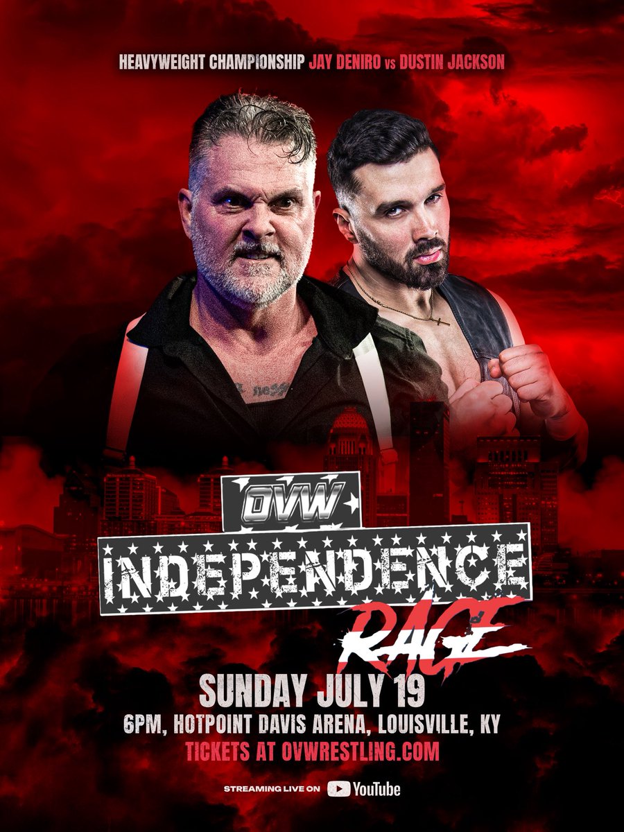 ovwrestling's tweet photo. Jay DeNiro is the OVW Heavyweight Champion, but Dustin Jackson knows what it takes to carry it. After once holding the gold, Dustin is back with one goal: reclaim what he believes is his.

At Independence Rage, Heavyweight Championship is on the line. Who leaves with the title? https://t.co/3oNMUnJtOy