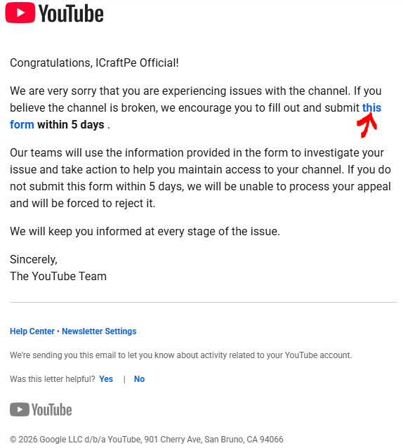 RealICraftPe's tweet photo. After an appeal was sent, I got the email below. I filled it, but as I understand, it had no sense, because it's not related to the appelation in any way. I just want to get my channel back because the only thing I was uploading was my own Roblox scripts. https://t.co/AY1INFi8DC