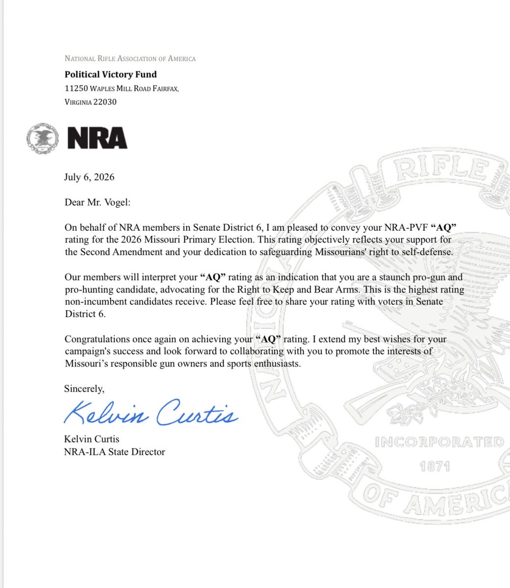 VoteJakeVogel's tweet photo. Proud to score an AQ Rating from the NRA, the highest rating a non-incumbent can receive. As your State Senator, I will always defend the Second Amendment, support our hunters and sportsmen, and uphold the right of Missourians to defend themselves and their families. https://t.co/xwxaV2Tkqm