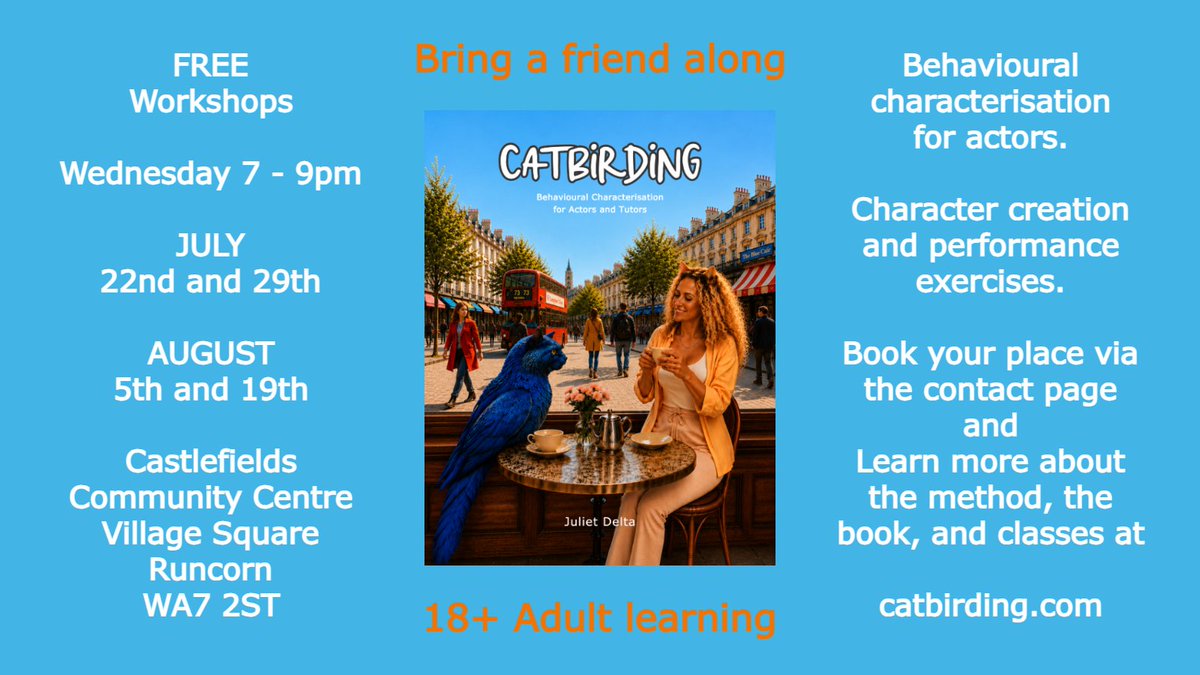 realjulietdelta's tweet photo. Actors, writers, and drama tutors! 

Learn about observation, character creation,
and performance through practical
and immersive exercises.
 
I'm holding FREE workshops on Catbirding
- Behavioural Characterisation Methodology.

Details in image.
#catbirding #actingworkshops https://t.co/iHMZLx4D3c