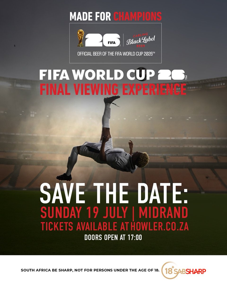 blacklabelsa's tweet photo. Champions deserve a front-row seat for football's biggest night. 🏆🍺​

Join us at our #FIFAWorldCup Final Watch Party on Sunday, 19 July 2026 and experience the Final with a Carling that's #MadeForChampions. Get your tickets today: https://t.co/YKTPdNhgVX https://t.co/OVwinUlV9s