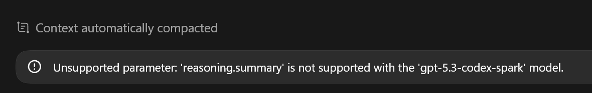 01Singularity01's tweet photo. @thsottiaux gpt-5.3-codex-spark not working https://t.co/HxrkmPufPQ