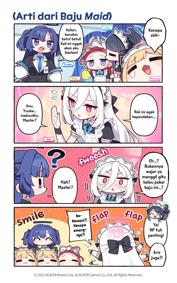SatriaP_KL's tweet photo. @EN_BlueArchive @donmin_h Indonesian version
(Versi bahasa Indonesia)

[Manga 4-Panel Resmi] Episode 246

Kei-san, bisa jelasin tujuan dari baju maid itu...?

#BlueArchive #Manga4PanelBlueArchive

Kelihatannya Momoi-san sudah bikin Master marah...! https://t.co/iHMR3BK7Wr