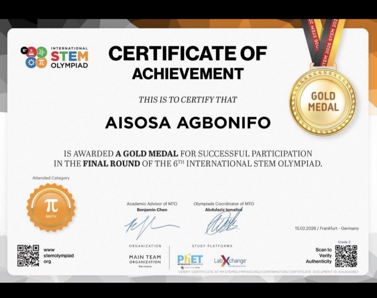 edo_tribe's tweet photo. 🏆 History Maker! 🌟

At just 5 years old, Aisosa Agbonlfo became Nigeria’s youngest STEM Olympiad gold medalist. Now, at 6, he has made history again by winning the 2026 Grade 2 STEM Olympiad, securing back-to-back victories.

Congratulations to the young champion from Banana Island International School! 🎉👏

Edo is truly blessed with brilliant minds and exceptional talents. The future is bright! 🦇 ❤️