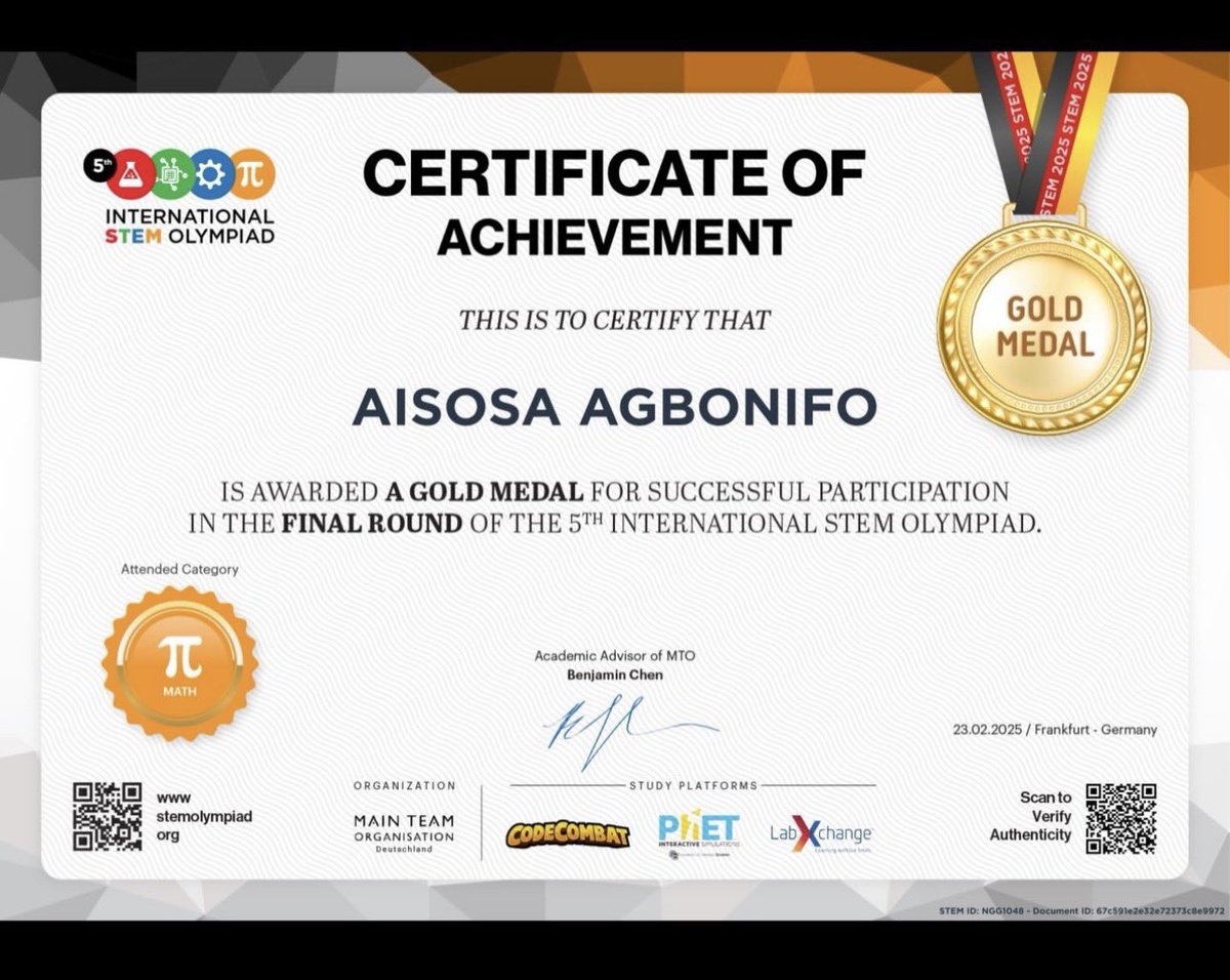 edo_tribe's tweet photo. 🏆 History Maker! 🌟

At just 5 years old, Aisosa Agbonlfo became Nigeria’s youngest STEM Olympiad gold medalist. Now, at 6, he has made history again by winning the 2026 Grade 2 STEM Olympiad, securing back-to-back victories.

Congratulations to the young champion from Banana Island International School! 🎉👏

Edo is truly blessed with brilliant minds and exceptional talents. The future is bright! 🦇 ❤️