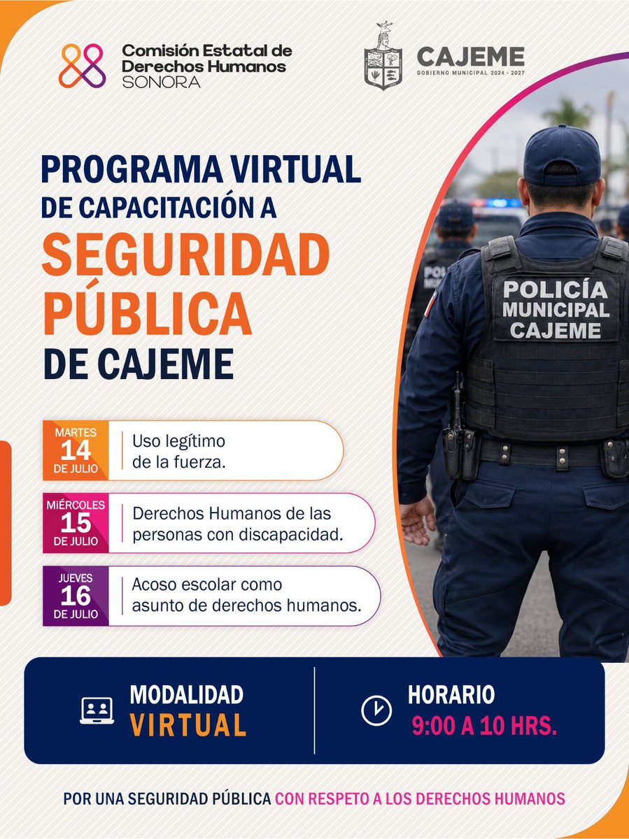 cedhsonora's tweet photo. Una capacitación puede hacer la diferencia en la forma de actuar, prevenir conflictos y fortalecer la confianza de la ciudadanía.

Si formas parte de Seguridad Pública de Cajeme, te invitamos a participar en este programa virtual, donde se abordarán temas clave como el uso legítimo de la fuerza, los derechos humanos de las personas con discapacidad y el acoso escolar como un asunto de derechos humanos.

📅 Del 14 al 16 de julio
💻 Modalidad virtual
🕘 De 9:00 a 10:00 horas