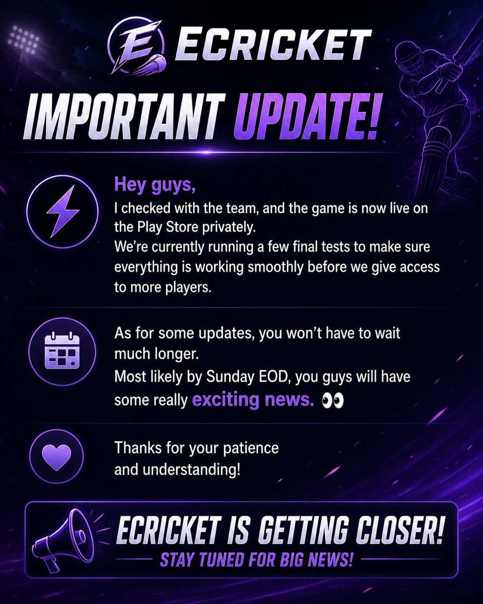 Cricket_Mania07's tweet photo. 📢 ECricket official announcement is here.🔥
👉It confirms that,the play store and game footages are genuine.💯
Waiting for Sunday to hear some exciting news.👀
#ecricket #lightfurygames #earlyaccess #comingsoon https://t.co/wCwPPiAhnJ