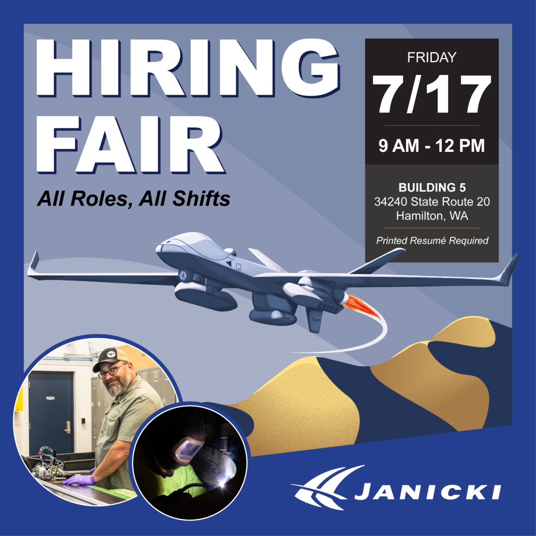 janicki_ind's tweet photo. Janicki is hosting a Hiring Fair next Friday, July 17, from 9 a.m. to noon at our Hamilton campus. We're hiring for engineering, manufacturing, leadership, operations and support roles!

Learn More: https://t.co/CXggMhOUB5

#HiringFair #HiringNow#SkagitValley #SkagitCounty https://t.co/TXuPkiSP1Z