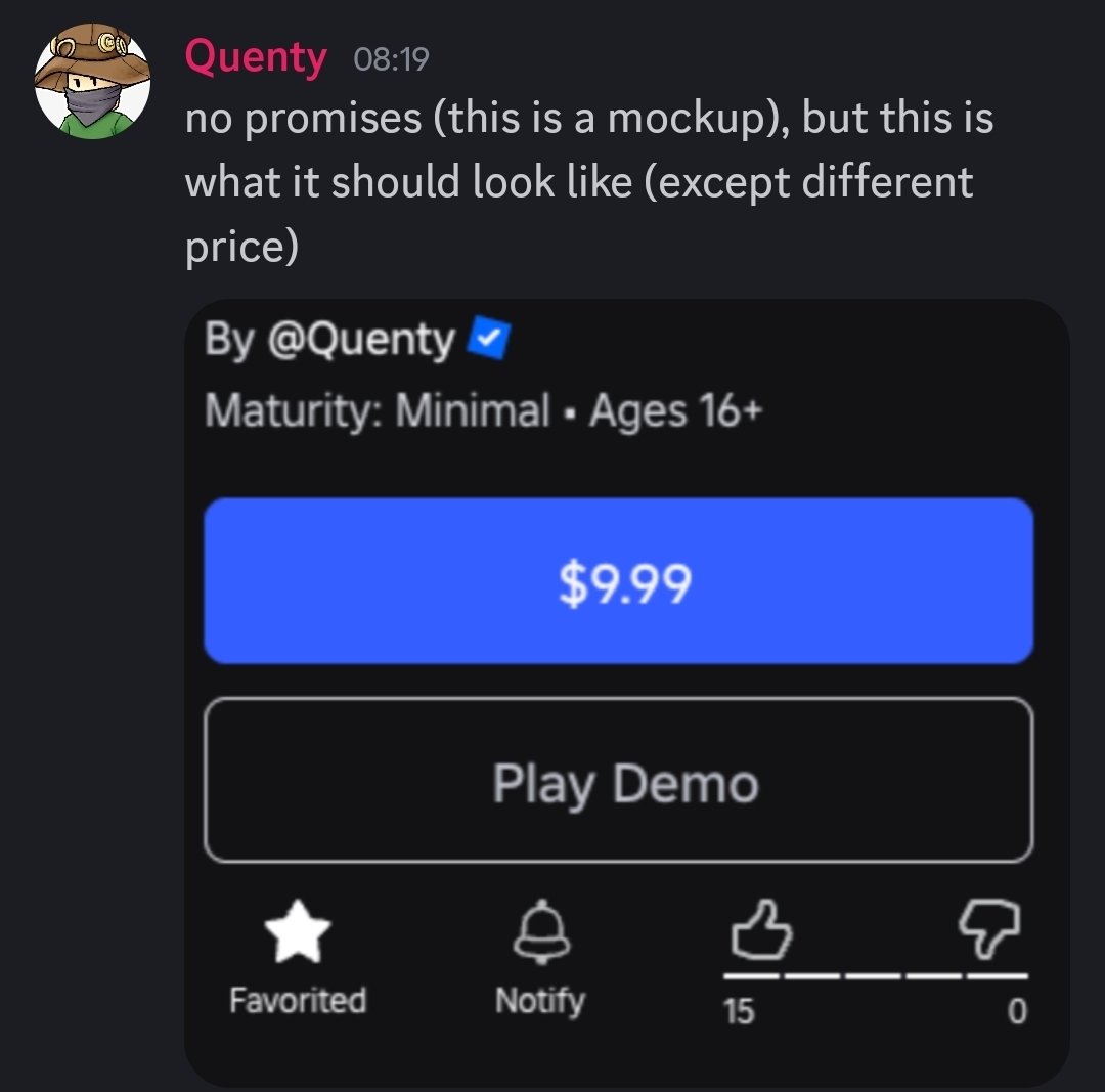 Raulishes's tweet photo. @TootyRobloxYT Hey there! In the discord server they talked about working with roblox on the demo mode by having the demo be in the paid version of the game, instead of a seperate game. Hope this screenshot and context answers it! https://t.co/OeQJ8xI4c3