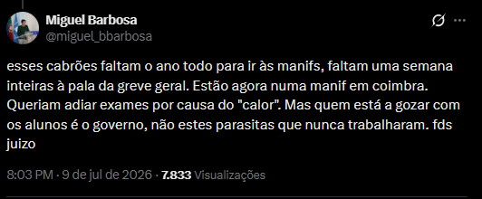 ponteeuropa's tweet photo. Cada partido tem os dirigentes que merece
O destacado militante e dirigente do CDS-PP, Miguel Barbosa, do Porto, chamou ontem “cabrões e parasitas” aos professores. https://t.co/420qB8VUTj