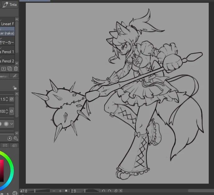 AleMoth_'s tweet photo. @kumquats Once the pose felt right, I refined the lineart—especially the outfit, adding all the little details that give her that special charm https://t.co/abT2PhjzpZ