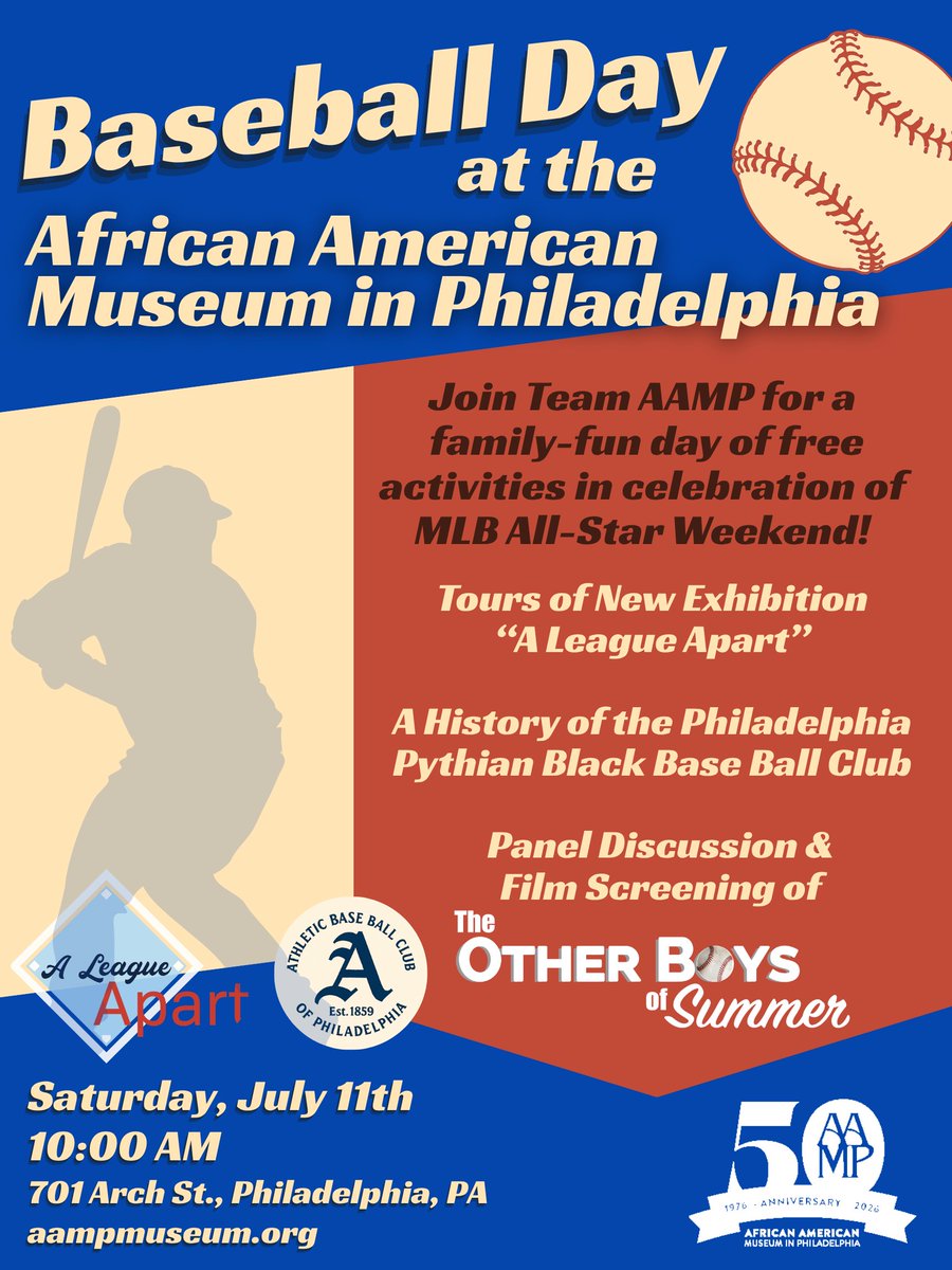 aampmuseum's tweet photo. Baseball Day is tomorrow at AAMP! Join us for free tours of our new exhibition, "A League Apart," A History of the Philadelphia Pythian Black Base Ball Club and a screening of "The Other Boys of Summer." Learn more: https://t.co/bmNzRwAR5u https://t.co/VizIK5SbHX