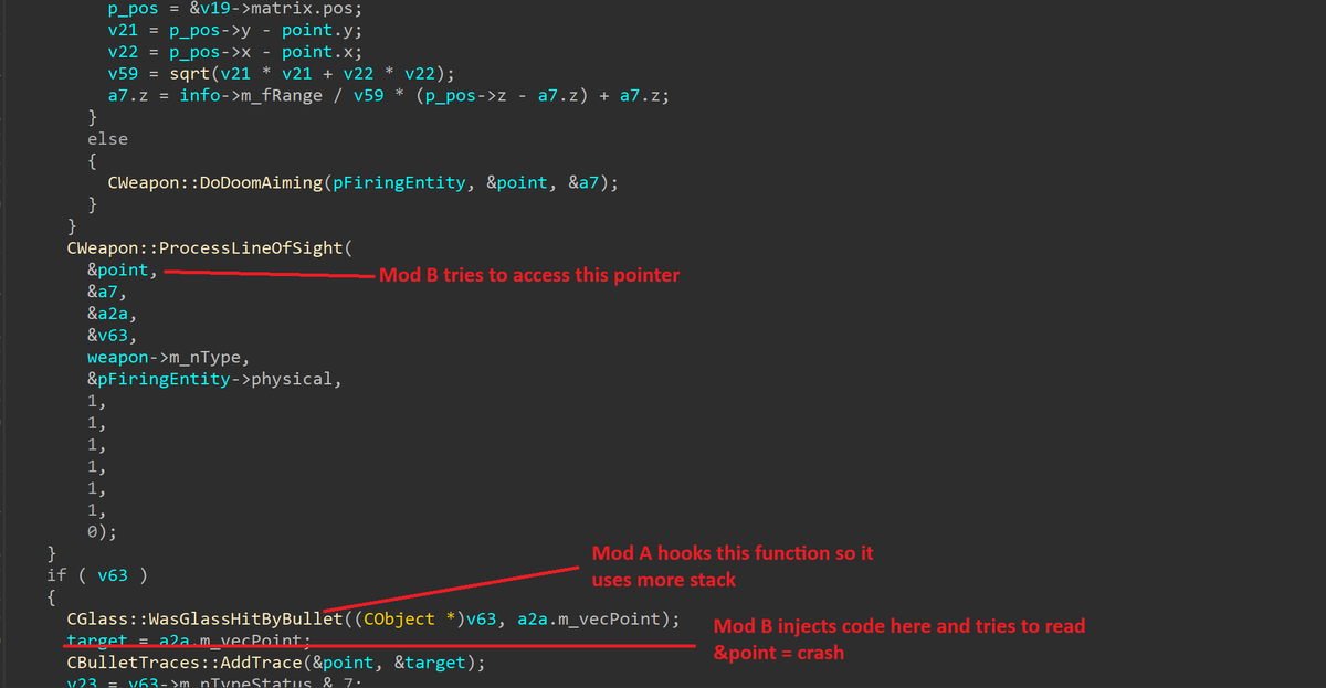 __silent_'s tweet photo. I'm going to start naming bugs like this "Skimmer bugs", because much like Skimmer not spawning in SA on Windows 11 24H2, this one is also about using local variables from destroyed stack frames. Works by accident, until it doesn't (in this case because of another mod). https://t.co/KKv0i9qa0N