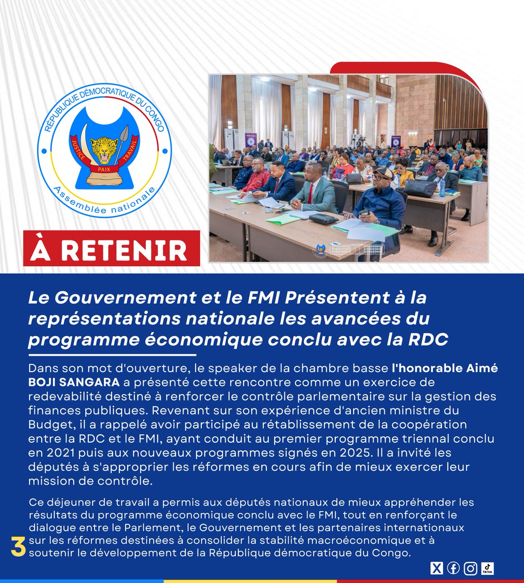 PETERKAPENGA1's tweet photo. À Retenir 
@AssembleeNatRDC 
Le Gouvernement et le FMI présent à la représentations nationale les avancées du programme économique conclu avec la RDC. https://t.co/ZpDdINOoyP