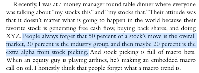 gregoryblotnick's tweet photo. this quote from Bessent in 2006, on embedded macro bets + hidden risks, has to be emphasized (from Drobny)

"The 50-30-20 Rule"

>50% of a stock's move is the mkt
>30% is sector
>only 20% is stock-specific

today, multi-mgrs have broken that down into infinitely smaller slices

but part of me thinks Bessent -- who likely learned this "rule" from Soros and Druck -- has it right

art, not science...better to be vaguely right than precisely wrong

but with a lot of ideas, ppl don't understand the bet they're making

i.e. "I like exxon mobil" without thinking about:

>what % of your return will be driven by the price of oil?
>why exxon vs any other peer?
>if you're bullish oil, why wouldn't u make the cleanest bet and just buy a barrel of oil/CL1?

then u might get into, "I like exxon but don't want to bet on oil, so I'll short chevron against it to hedge out commodity exposure"

but in practice, unless u really know what ur doing, this creates more problems than it solves

esp w/ rise of multi-mgr where everyone is forced into pairs

so rather than adding complexity to the idea u are prob better off pulling out all the embedded/hidden bets u are making, and then just breaking it all down thru some checklist, like:

"would I be better off here buying a basket of 5 ideas, 2% each, vs one 10% idea"

or

"for this idea shifting industry dynamics, why don't I buy all 3 players" instead of bucketing one idea as "pay up for best" or "buy cheapest" or "buy middle/catch-up trade"

ppl shy away from these approaches even though they suck at sizing... ur best idea ex post never seems to be the one that was given max $$ on jan 1

some cognitive bias is at work against equal-weighted baskets, where they'd feel stupid saying "I'm a fundamental expert who can't pick individual winners"

but if its just u by urself ("trade quietly") then who cares lol

as the saying goes...the dumb money ceases to be the dumb money when it recognizes its limitations.