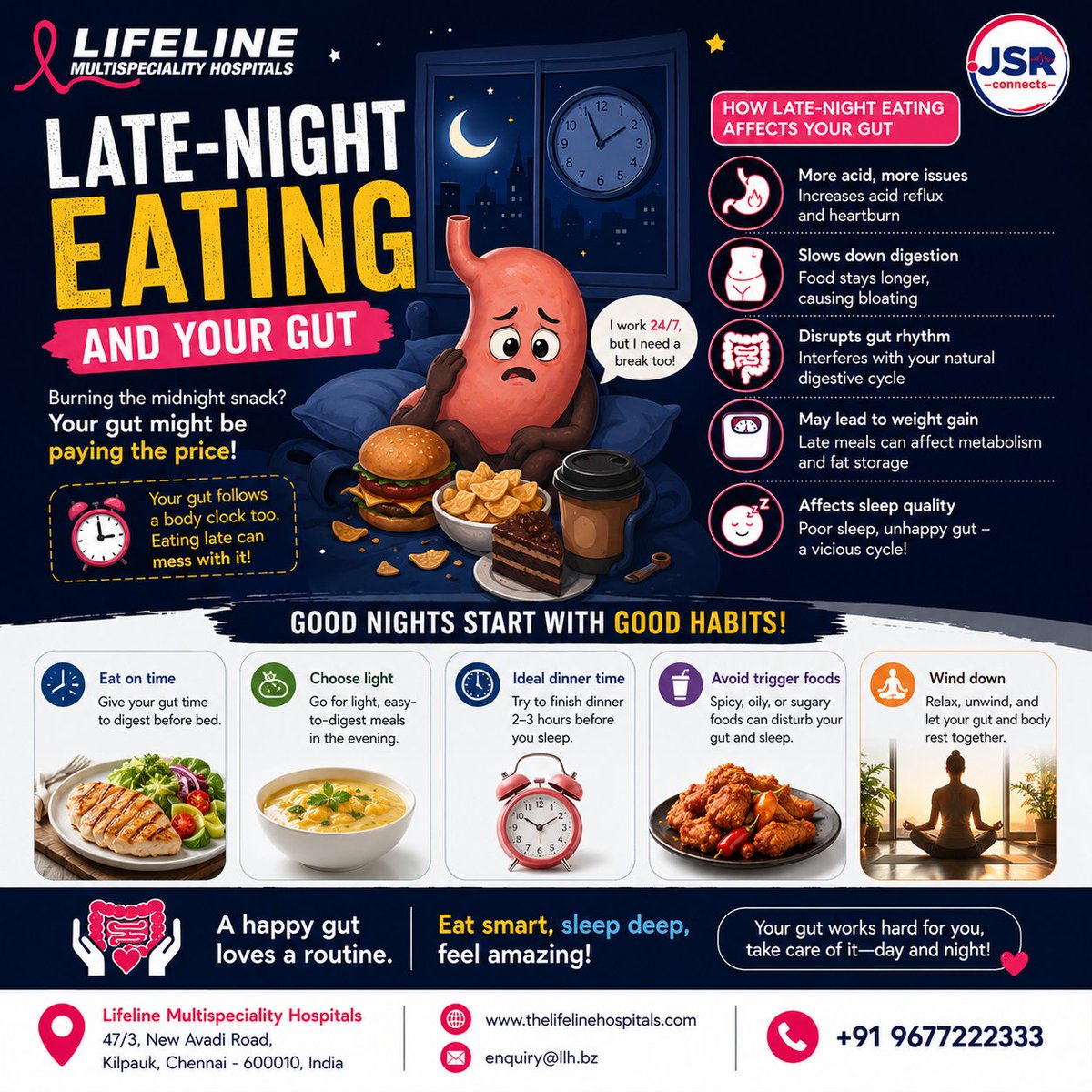 JSRconnect's tweet photo. Late-night cravings can keep your gut awake too.
Give your digestive system the rest it deserves by eating on time and choosing lighter meals.
#guthealth #digestivehealth #healthylifestyle #lifelinehospitals #DRJSR https://t.co/iHtLGhSZlv