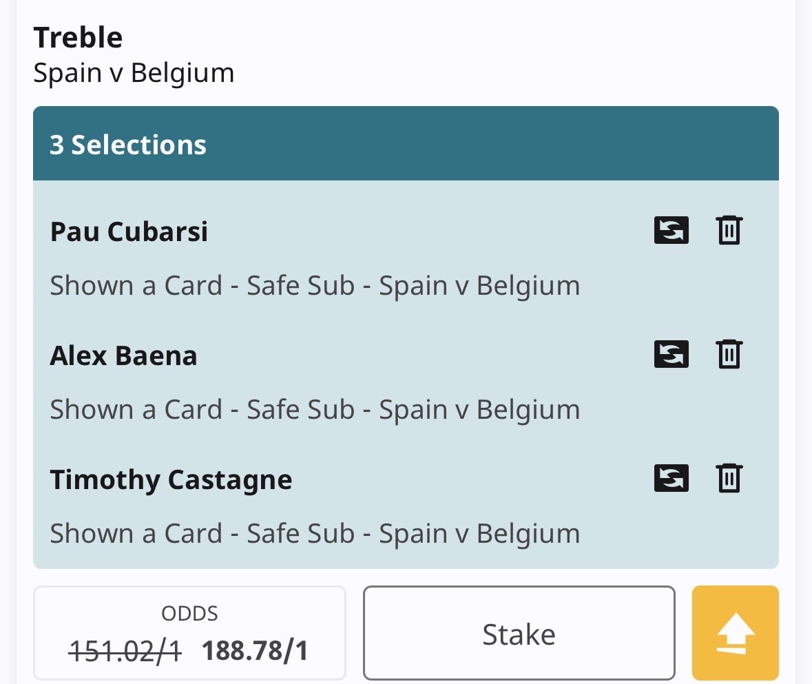 bettingvillage's tweet photo. Spain v Belgium 🟡🔴

The first one is over 80/1 with the 50% boost on SBK if you opt in (min 4 selections) 

The link for that is on the tweet below 👇🏼

18+ gambleaware https://t.co/k0AvbLWO38