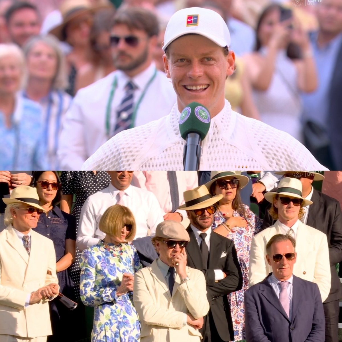 TheTennisLetter's tweet photo. Jannik Sinner after beating Novak Djokovic to reach 2nd Wimbledon final in a row

“What’s it like to play in front of so many fashion icons in the royal box?”

*Jannik gives a nervous laugh*

Jannik: “Hehe.. yeah, it’s nerve wracking 😂. But at the same time, the most important for me is to perform in the best possible way…”

*Another nervous laugh, this time louder* 😭😭😭

Jannik: “We also try to combine it with the best possible outcome. But at the end of the day I’m a tennis player. I try to put the ball in the court as much as I can 😂. But we’re standing in a good point. I’m very happy. Thank you so much and thanks everyone for coming.” ❤️