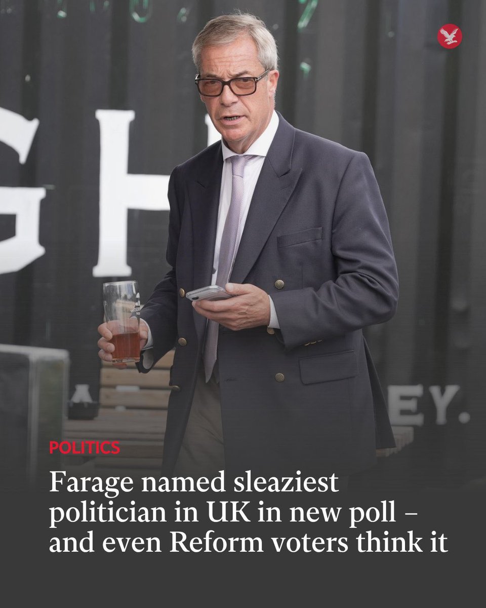 King0243_PJC's tweet photo. Reform UK spent years telling voters they were different.

Now Nigel Farage has been named Britain’s sleaziest politician by 73% of the public. That’s an astonishing collapse in trust.

You don’t get a reputation like that overnight. #NigelFarage https://t.co/IHWYyHN6Vn
