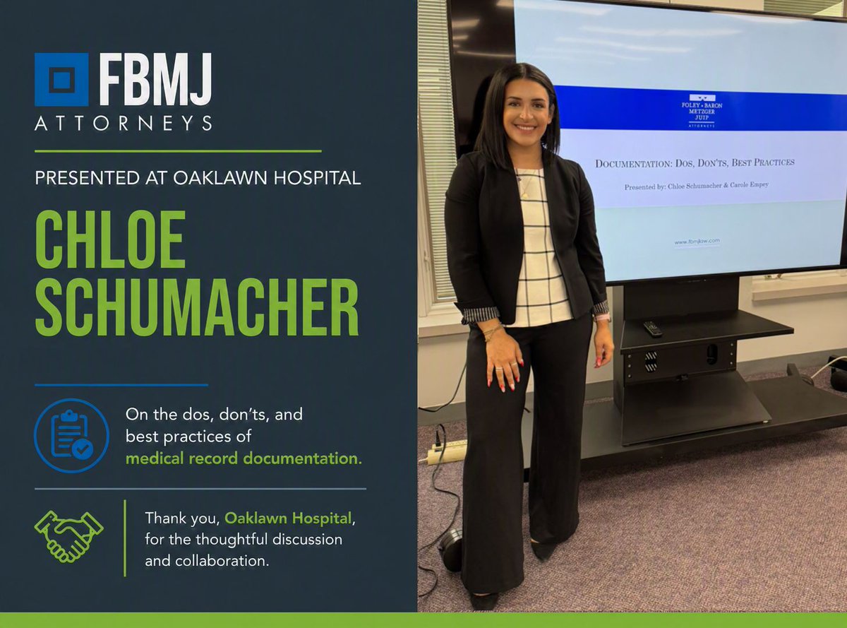 FBMJLaw's tweet photo. Thank you to Oaklawn Hospital for hosting Chloe Schumacher for a presentation on medical documentation best practices. Great discussion on creating clear records that support quality patient care and effective risk management. https://t.co/Ijsv4bxjIL