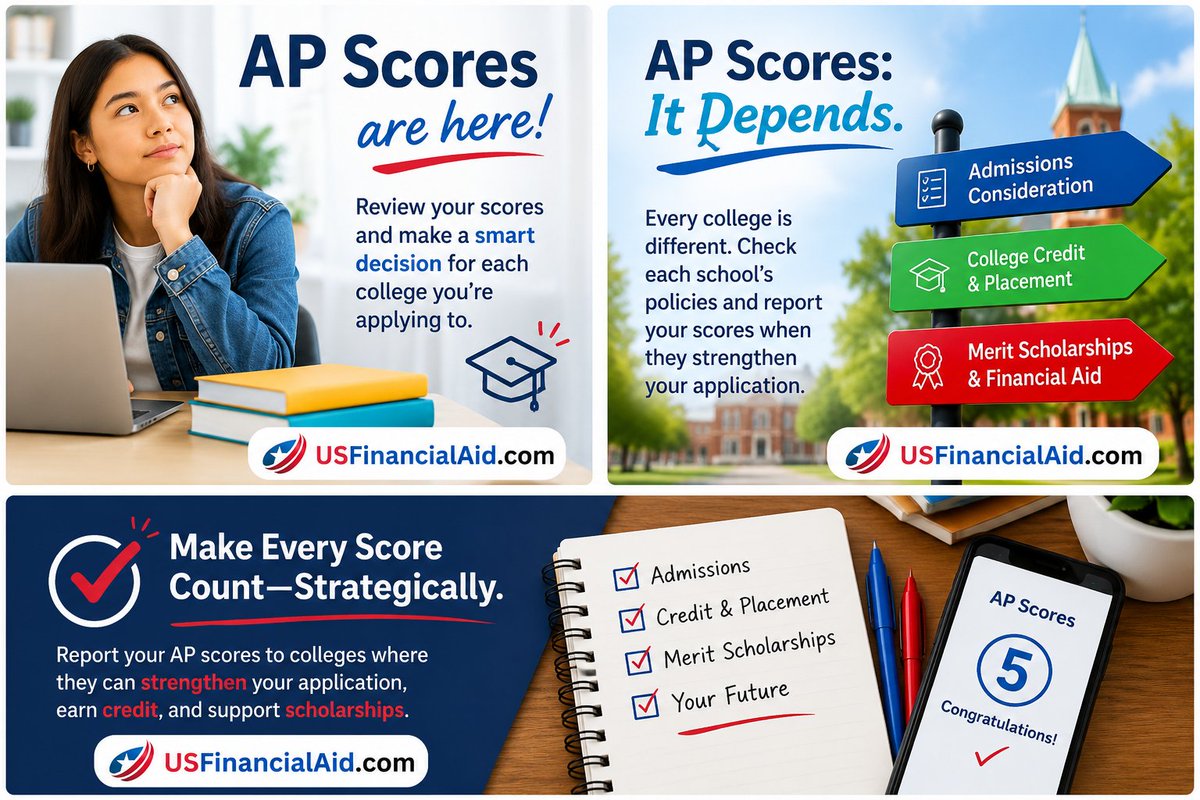 USFinancialAid's tweet photo. 💡 AP scores have been released!

Before sending your scores everywhere, ask one question: Will these scores help my application at this particular college?

Every school has different policies for admissions, college credit, placement, and merit scholarships. 

#Pay4College #AP https://t.co/ICf5tebfqU