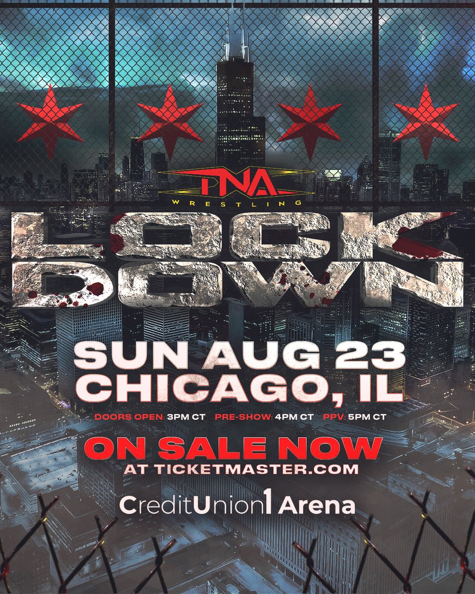 ThisIsTNA's tweet photo. BREAKING: TNA Wrestling has announced an updated start time for #TNALockdown LIVE on PPV and TNA+ on August 23 from the Credit Union 1 Arena in Chicago. 

- 3pm CT: Doors open to the Credit Union 1 Arena in Chicago
- 4pm CT: Lockdown Pre-Show begins, with matches
- 5pm CT: Lockdown begins

MORE: https://t.co/Y3cpLHFftE
