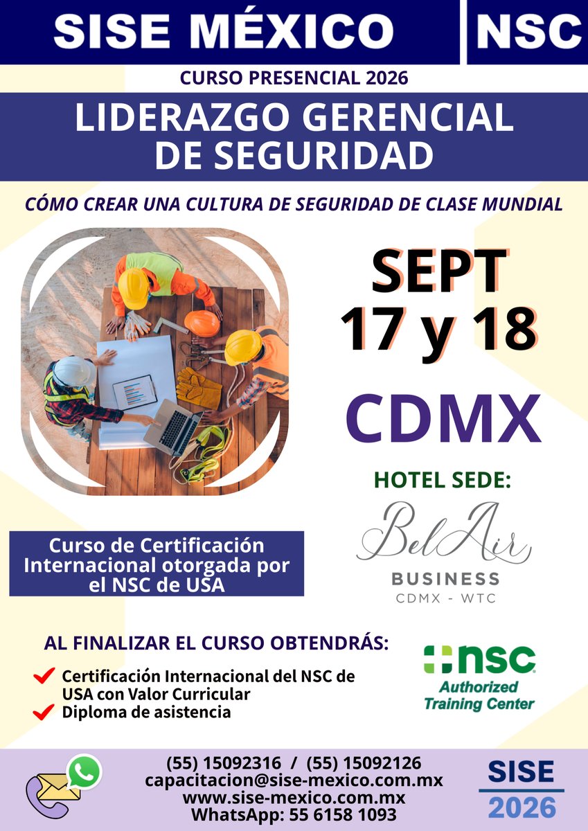 SISEMEXICO's tweet photo. No te pierdas este extraordinario taller de Liderazgo Gerencial de Seguridad y causa impacto en tu organización, aprendiendo las metodologías más modernas. #SISEMEXICO #CulturaDeSeguridad #SistemaDeGestion #SSO #SeguridadModerna #Liderazgo #GestionDeSeguridad #NSC #STPS https://t.co/VLCHKByHJb