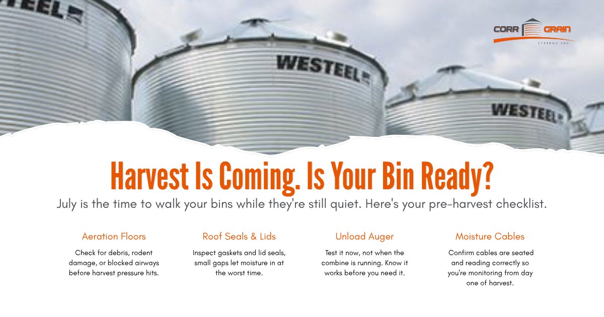 CorrGrain's tweet photo. Harvest is approaching in most of the Prairies. July is the time to walk your bins while they're still quiet.

Need something fixed or upgraded before the rush? We have a few spots. Call us at (306) 988-7228 https://t.co/qZEYcn9ouF