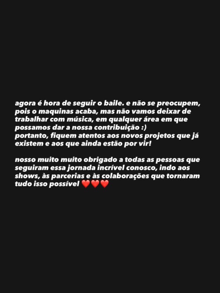 maquinasbanda's tweet photo. Obrigado por esses 13 anos de maquinas. Essa banda de Fortaleza foi mais longe do que a gente pode almejar.

Orgulho imenso de tudo que foi feito. Agora essa maquina irá descansar, mas quem esteve por trás estará ainda fazendo muita música. 

Obrigado de coração! ❤️‍🩹 https://t.co/SeRXA9QetW
