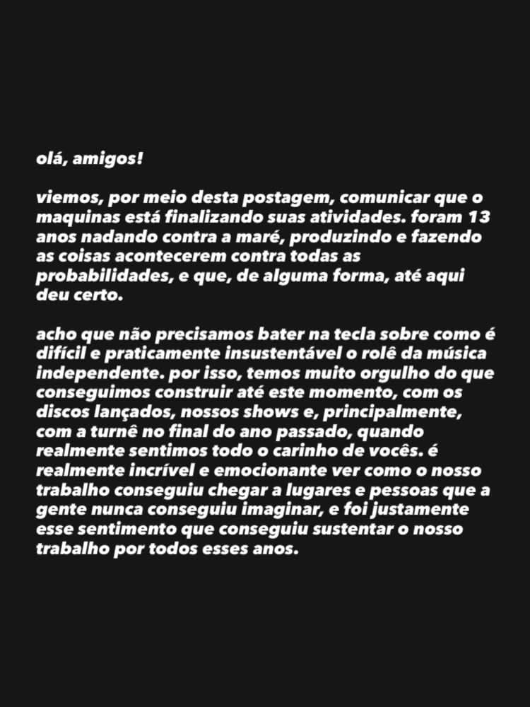 maquinasbanda's tweet photo. Obrigado por esses 13 anos de maquinas. Essa banda de Fortaleza foi mais longe do que a gente pode almejar.

Orgulho imenso de tudo que foi feito. Agora essa maquina irá descansar, mas quem esteve por trás estará ainda fazendo muita música. 

Obrigado de coração! ❤️‍🩹 https://t.co/SeRXA9QetW