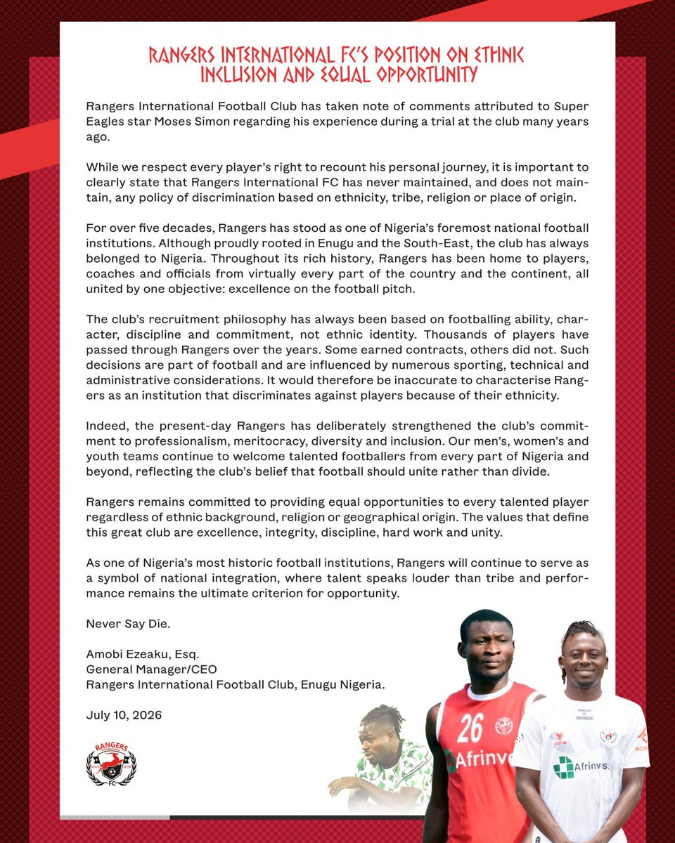 Rangers_Intl's tweet photo. CLUB STATEMENT ⚪🔴

#WeareRangers #equalityforall 
#NeverSayDie https://t.co/HJI0u8u3GG